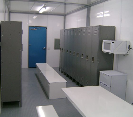 Locker rooms can be fitted with benches and counters to maximize efficiency on smaller sites.