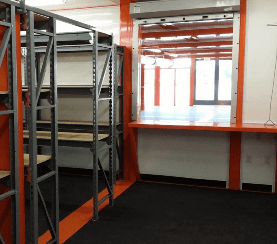 The addition of shelving and counters/windows provide a secure tool dispensary solution for the jobsite.