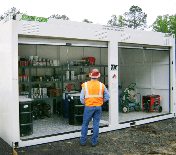 Steel grated flooring provides spill containment and roll up doors ensure maximum access to the storage facility.